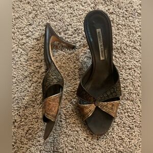 Manolo Blahnik Ctailo Heels Black Gold Kitten Heels Slides